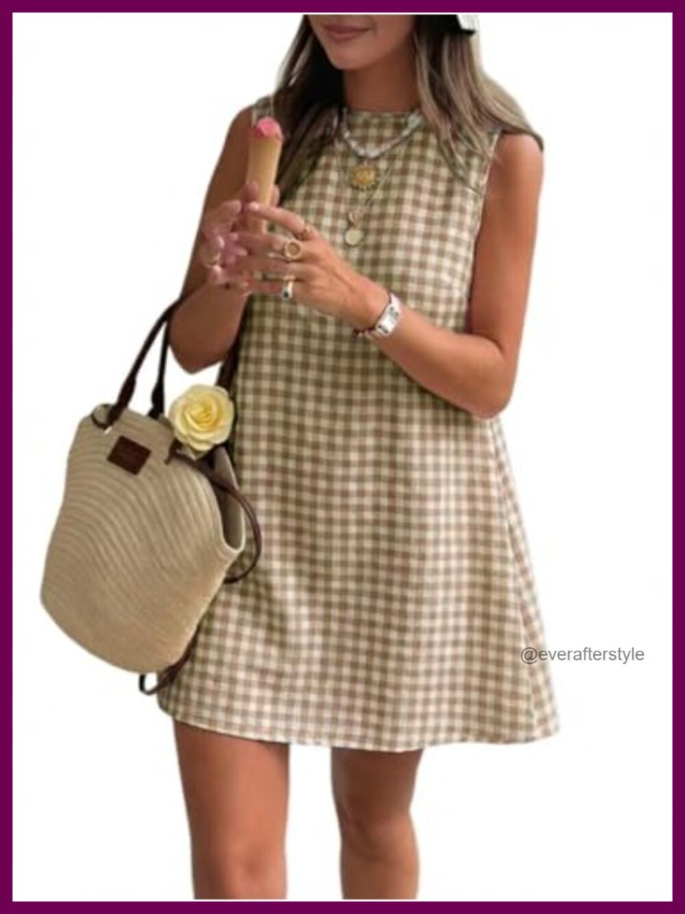 Womens Gingham Cotton Mini Dress Sleeveless High Neck Pocket Sundress